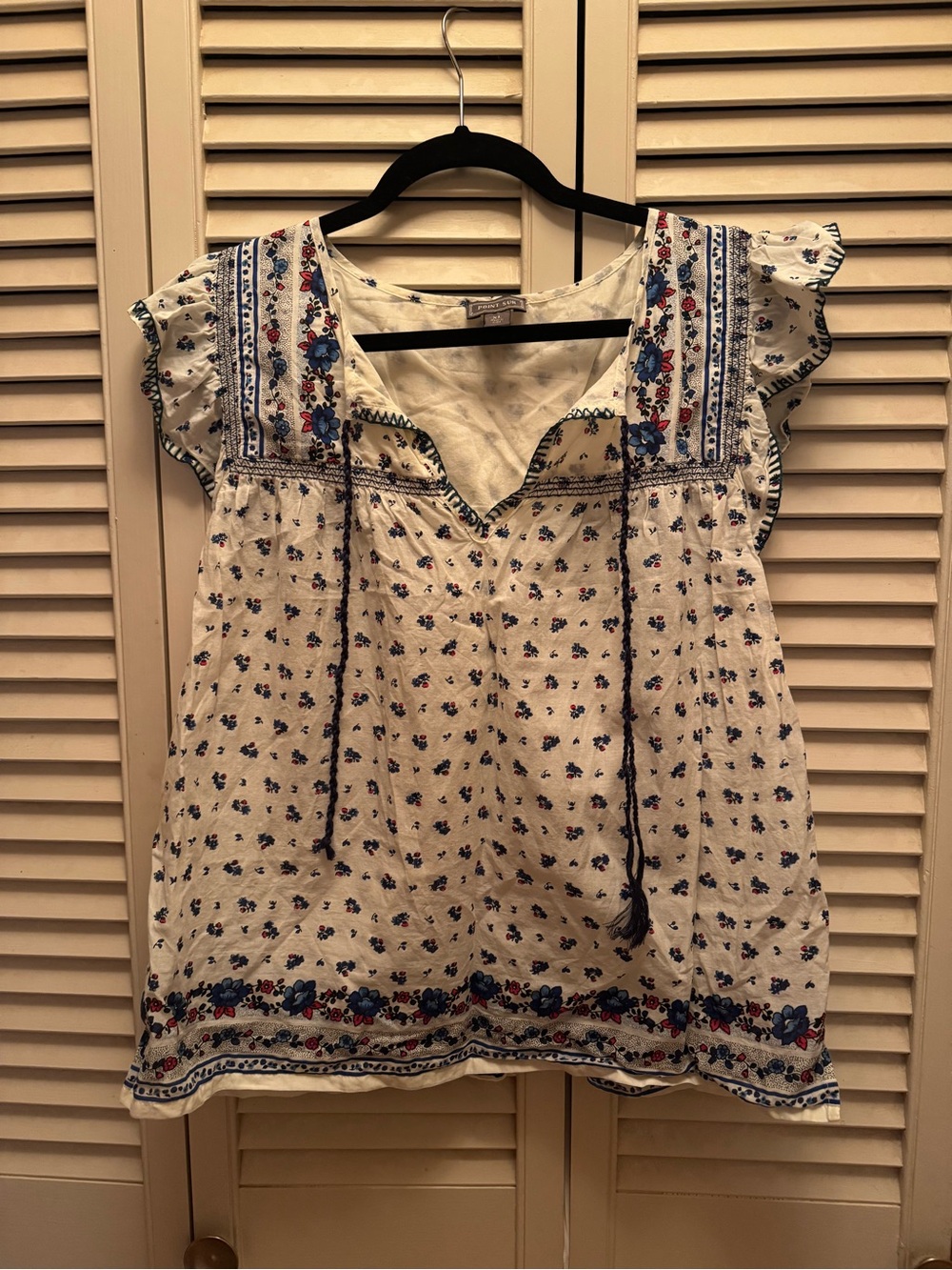 Cream Floral Embroidered Tie-Front Peasant Blouse